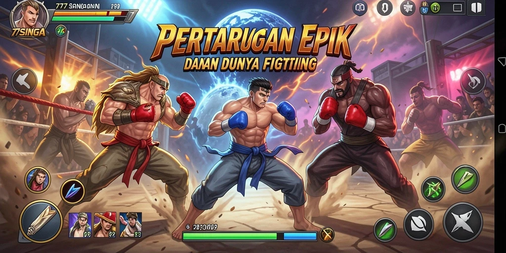 Tampilan gameplay pertarungan epik di 77SINGA.