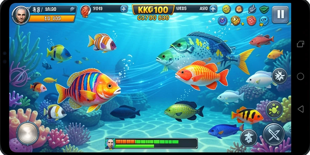 Screenshot gameplay KPK100 menampilkan aksi seru menangkap ikan.
