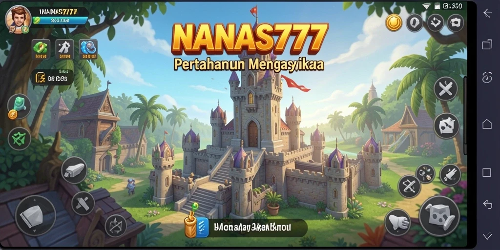 Tampilan gameplay NANAS777 menampilkan pertahanan menara yang strategis dan serangan musuh yang intens.