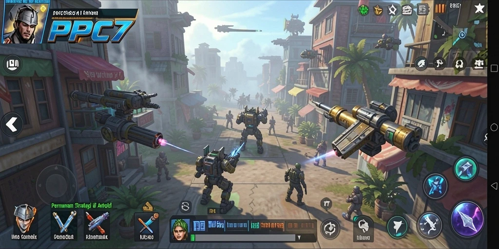 Tangkapan layar utama game menunjukkan aksi pertempuran strategi yang mendebarkan.