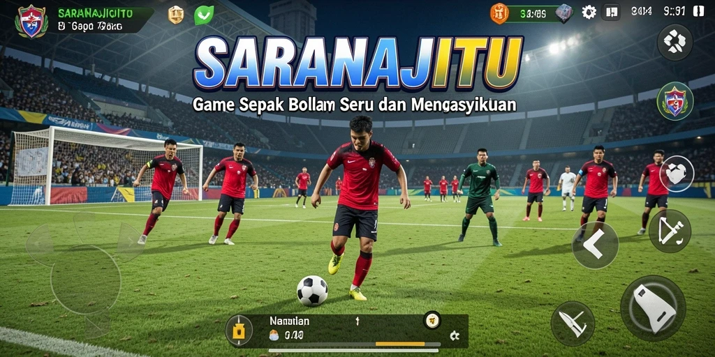 Screenshot SARANAJITU menampilkan aksi pertandingan sepak bola yang mendebarkan.